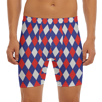 Blue Red And White Argyle Pattern Print Men's Long Boxer Briefs