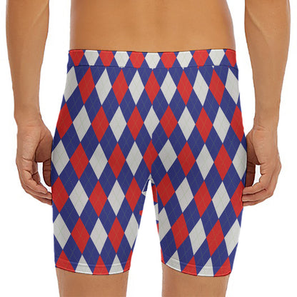 Blue Red And White Argyle Pattern Print Men's Long Boxer Briefs