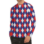Blue Red And White Argyle Pattern Print Men's Long Sleeve Rash Guard