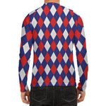 Blue Red And White Argyle Pattern Print Men's Long Sleeve Rash Guard