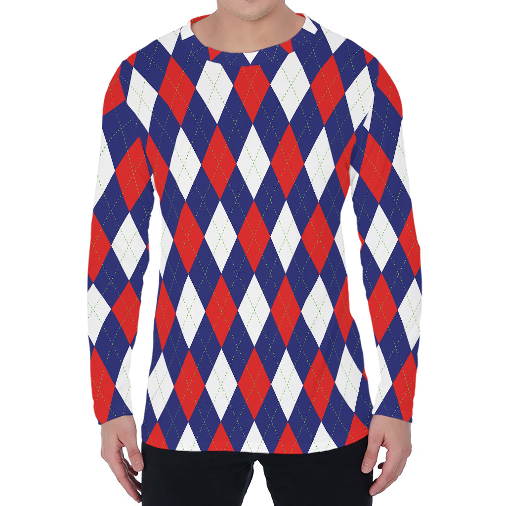 Blue Red And White Argyle Pattern Print Men's Long Sleeve T-Shirt