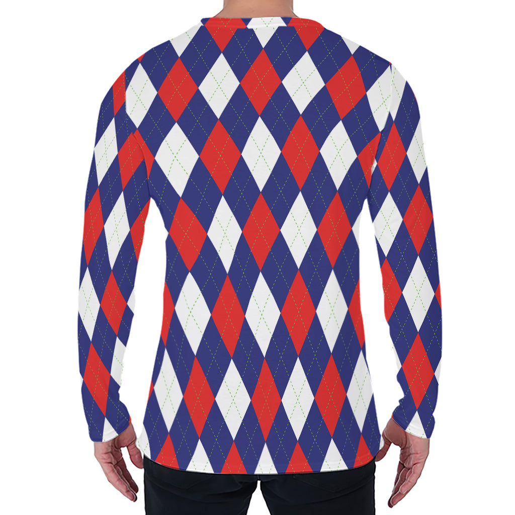 Blue Red And White Argyle Pattern Print Men's Long Sleeve T-Shirt
