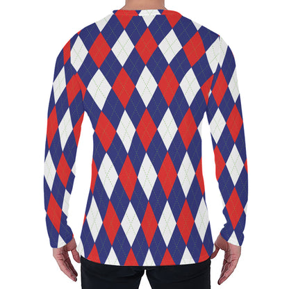 Blue Red And White Argyle Pattern Print Men's Long Sleeve T-Shirt