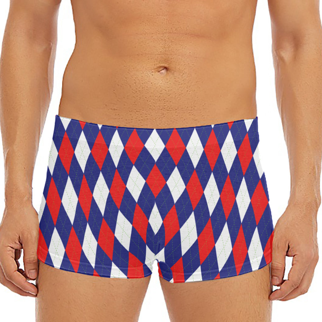 Blue Red And White Argyle Pattern Print Men's Short Boxer Briefs