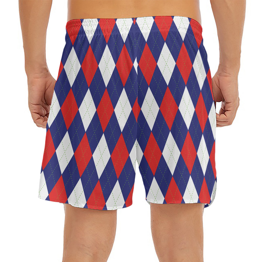 Blue Red And White Argyle Pattern Print Men's Split Running Shorts