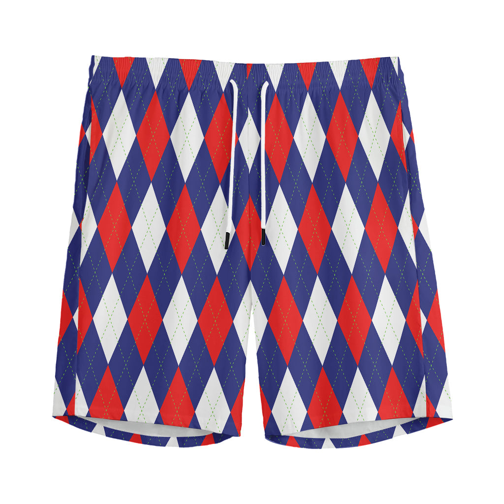 Blue Red And White Argyle Pattern Print Men's Sports Shorts