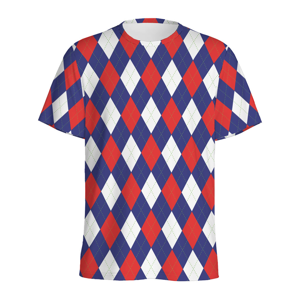 Blue Red And White Argyle Pattern Print Men's Sports T-Shirt