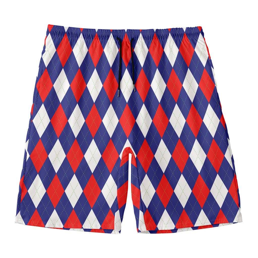 Blue Red And White Argyle Pattern Print Men's Swim Trunks