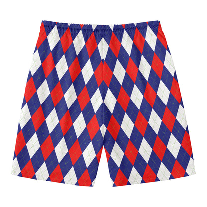 Blue Red And White Argyle Pattern Print Men's Swim Trunks