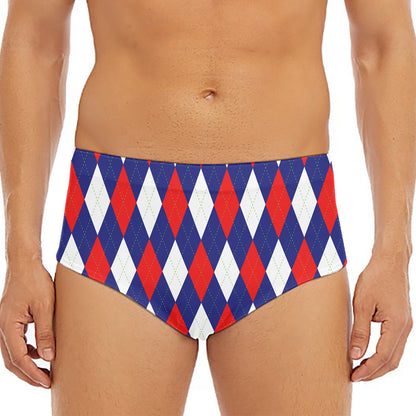 Blue Red And White Argyle Pattern Print Men's Triangle Swim Briefs