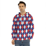 Blue Red And White Argyle Pattern Print Men's Velvet Pullover Hoodie