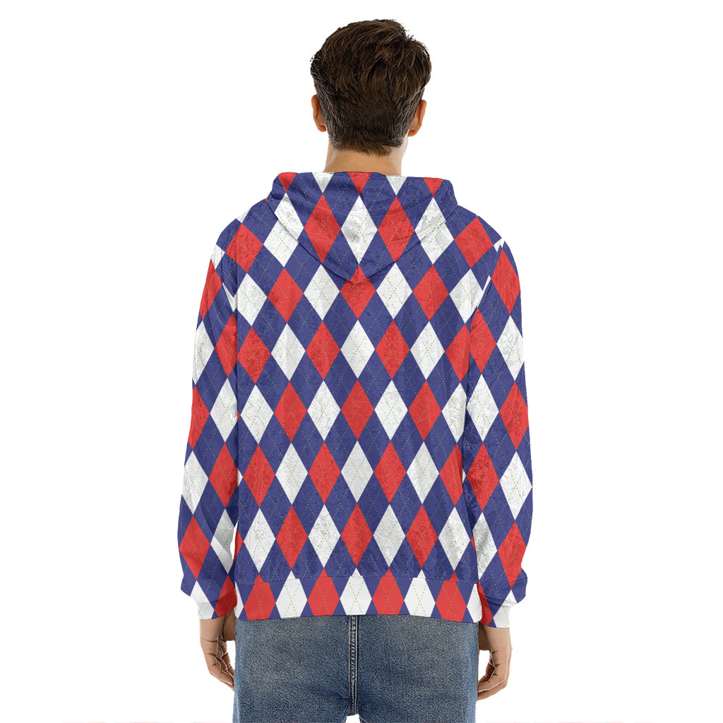 Blue Red And White Argyle Pattern Print Men's Velvet Pullover Hoodie