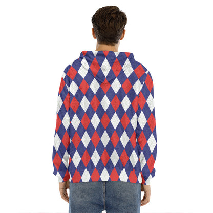 Blue Red And White Argyle Pattern Print Men's Velvet Pullover Hoodie