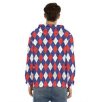 Blue Red And White Argyle Pattern Print Men's Velvet Pullover Hoodie