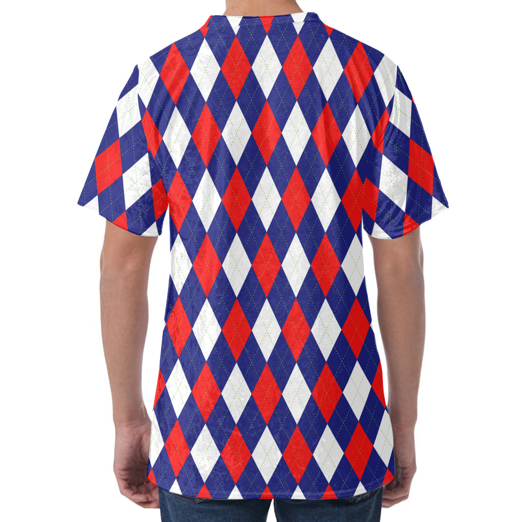 Blue Red And White Argyle Pattern Print Men's Velvet T-Shirt