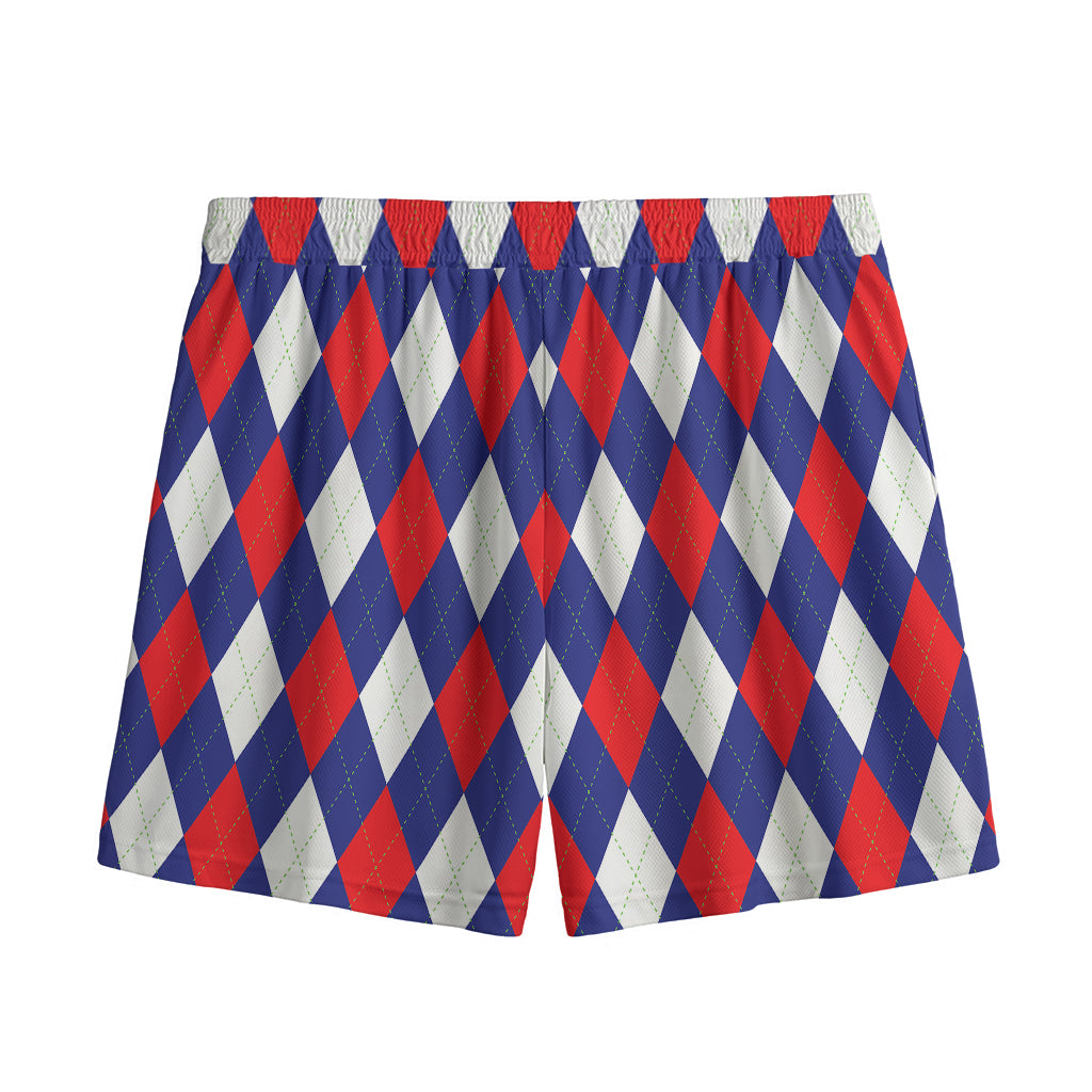 Blue Red And White Argyle Pattern Print Mesh Shorts