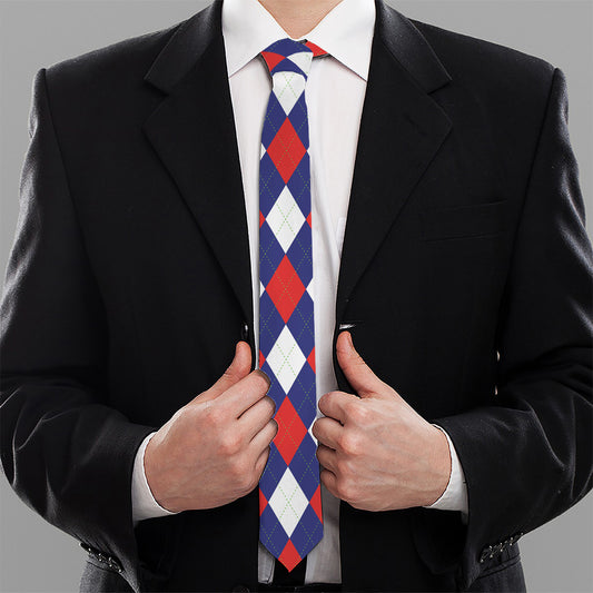 Blue Red And White Argyle Pattern Print Necktie