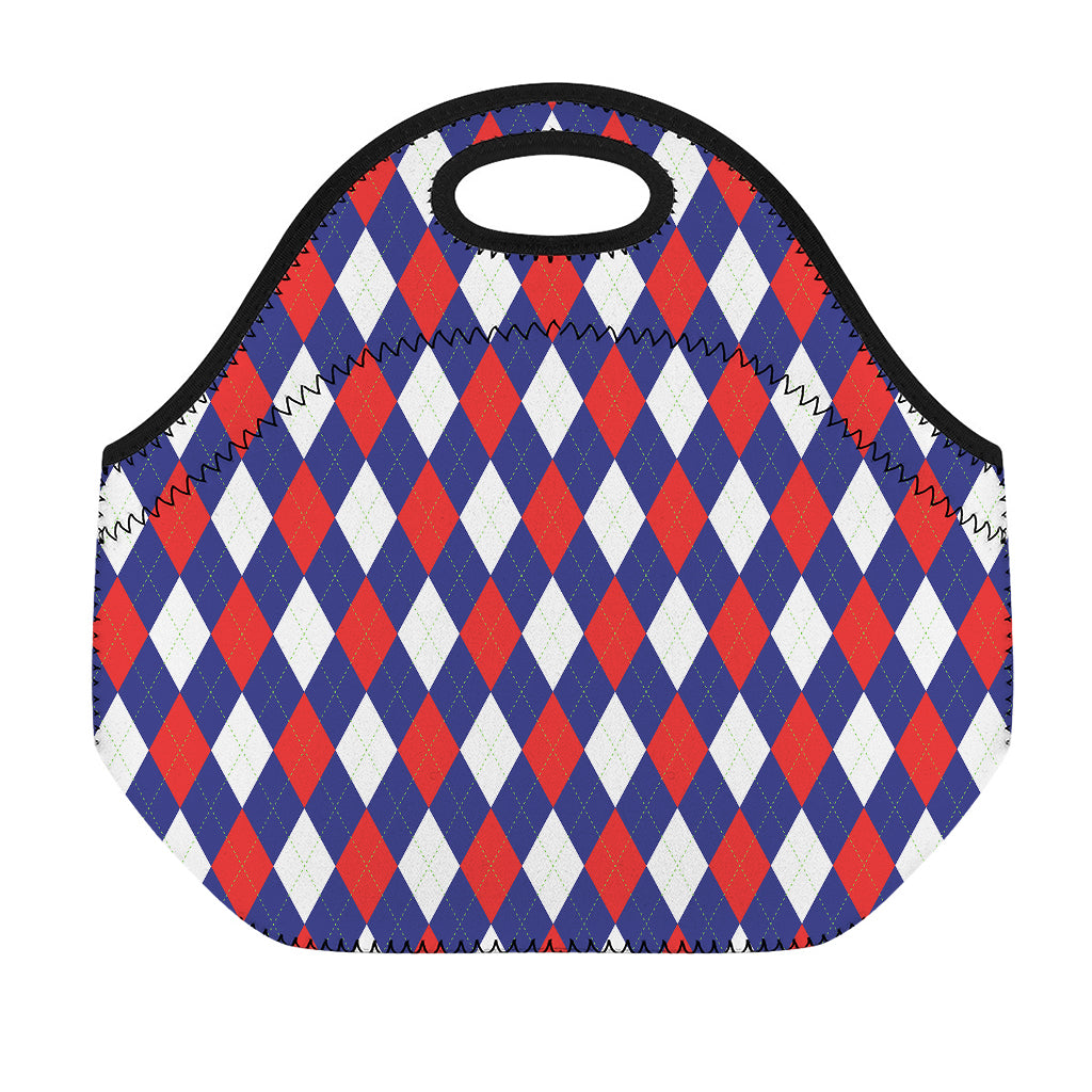Blue Red And White Argyle Pattern Print Neoprene Lunch Bag