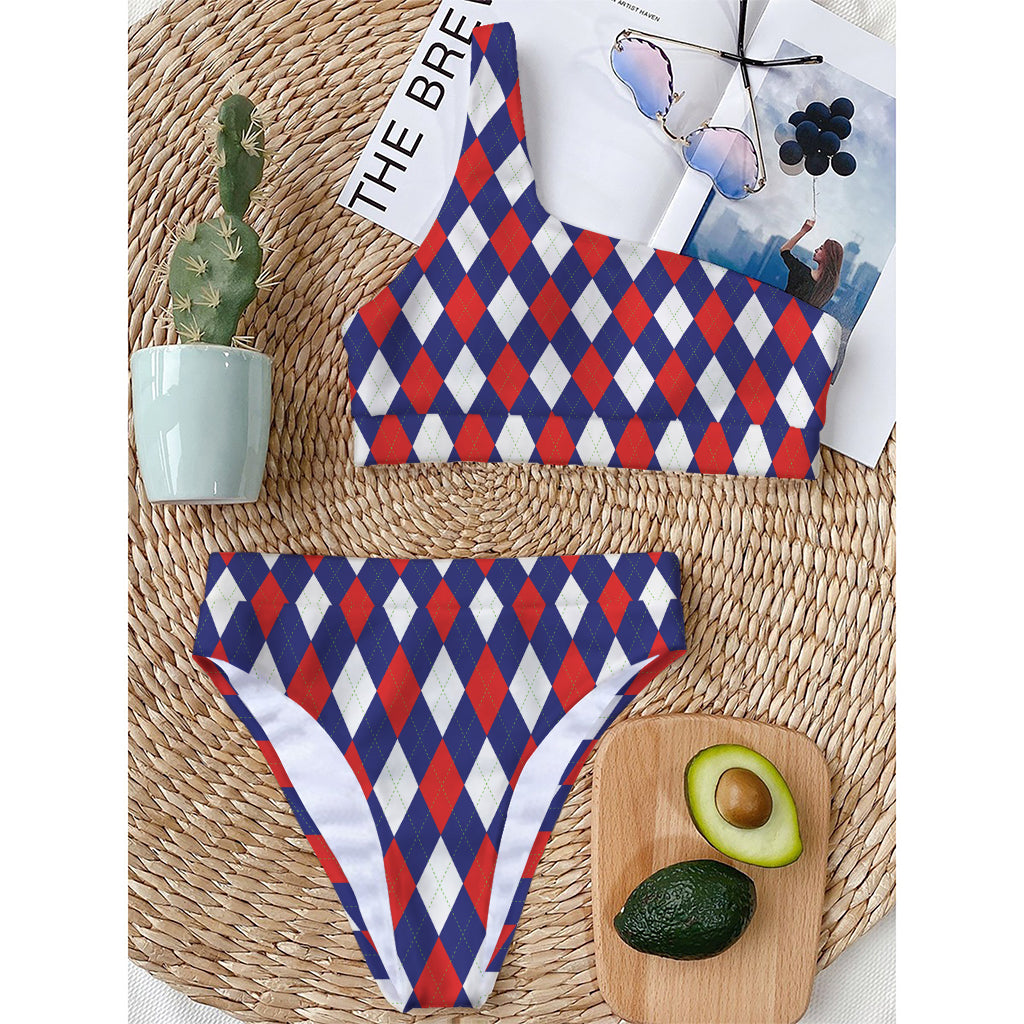 Blue Red And White Argyle Pattern Print One Shoulder Bikini Top