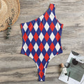 Blue Red And White Argyle Pattern Print One Shoulder Bodysuit