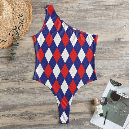 Blue Red And White Argyle Pattern Print One Shoulder Bodysuit
