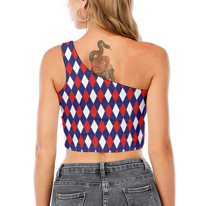 Blue Red And White Argyle Pattern Print One Shoulder Crop Top