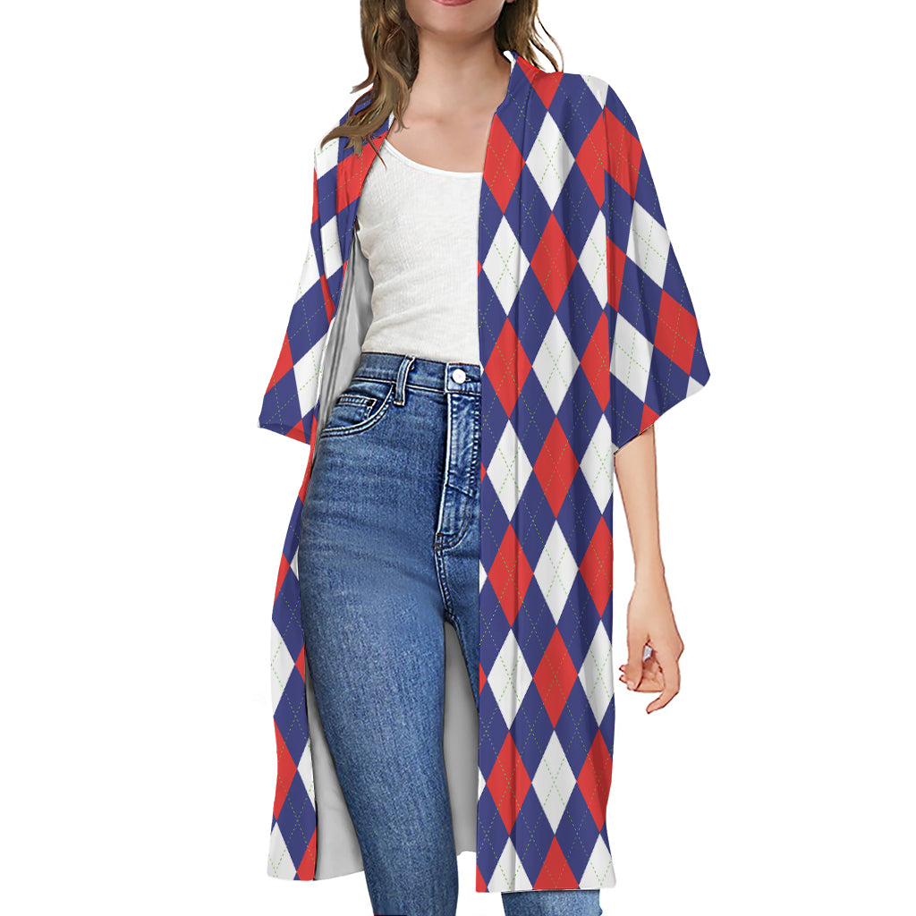 Blue Red And White Argyle Pattern Print Open Front Beach Cover Up