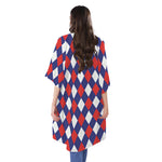 Blue Red And White Argyle Pattern Print Open Front Beach Cover Up