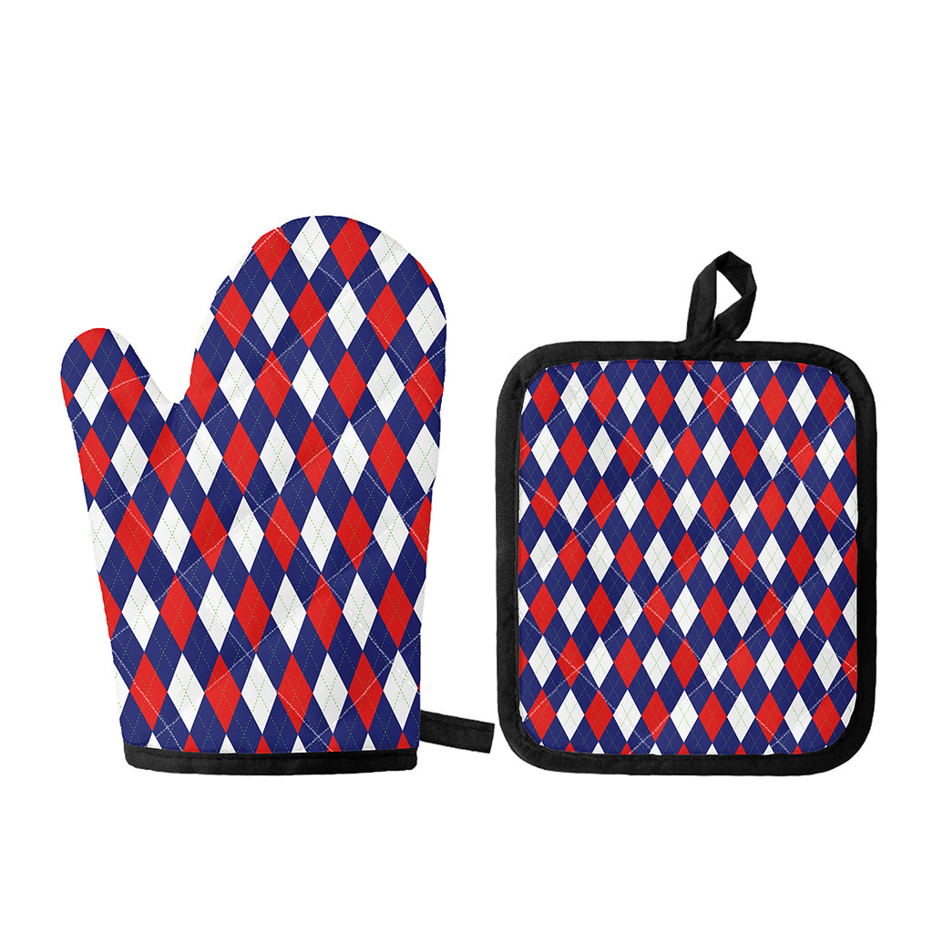 Blue Red And White Argyle Pattern Print Oven Mitt And Pot Holder Set