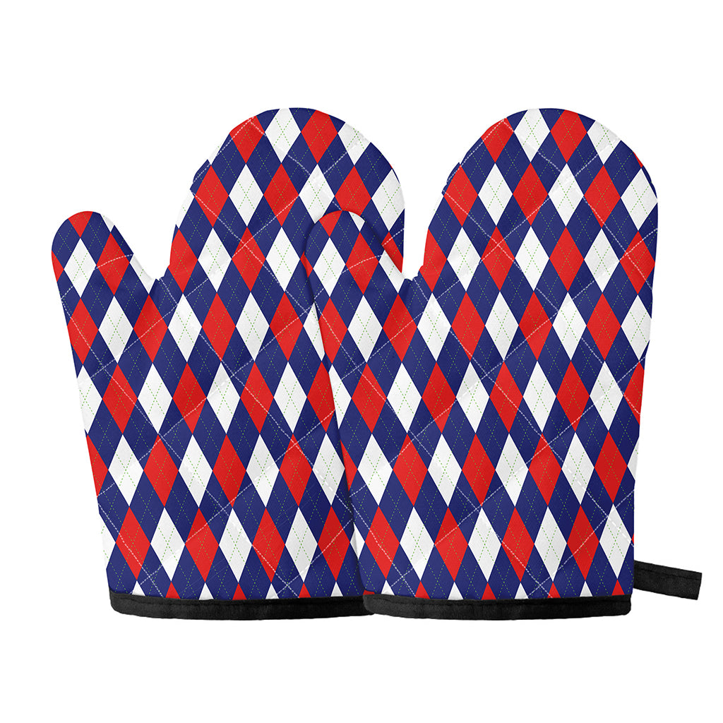 Blue Red And White Argyle Pattern Print Oven Mitts