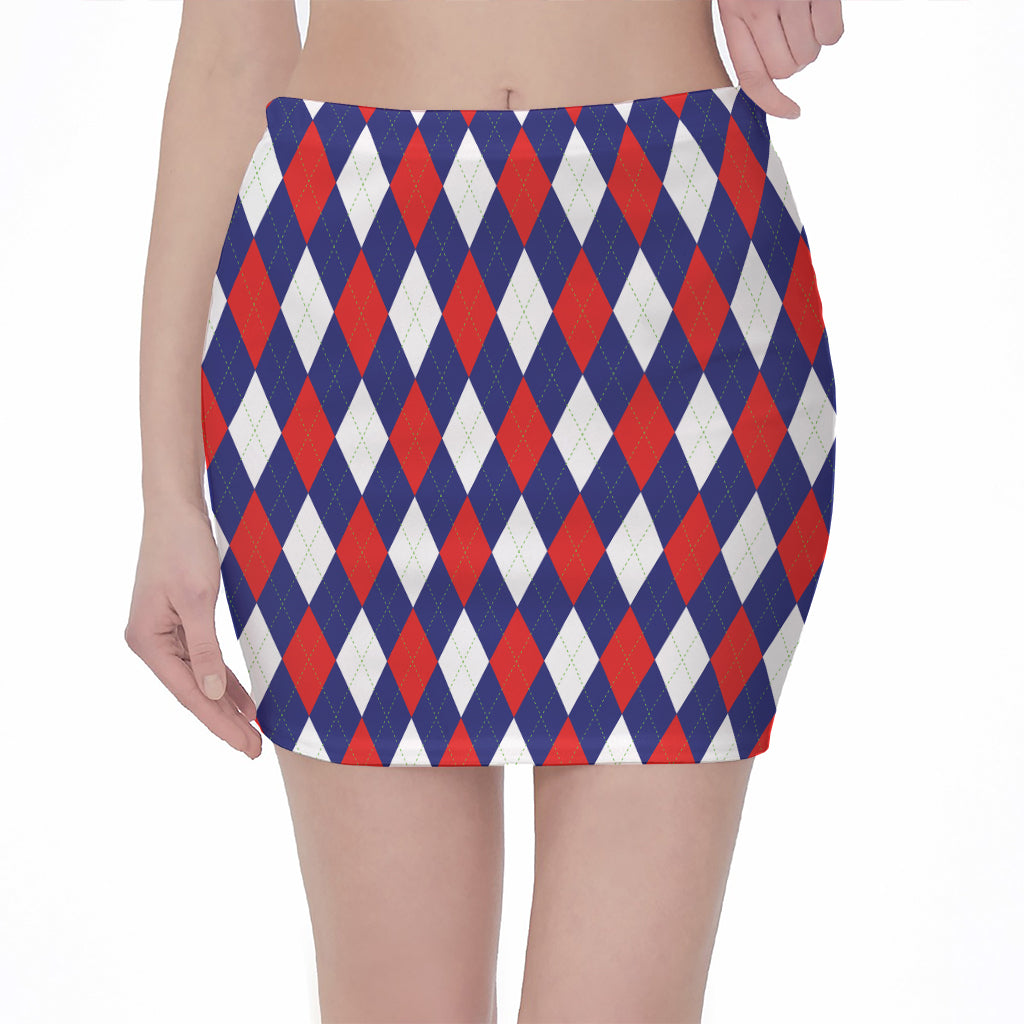 Blue Red And White Argyle Pattern Print Pencil Mini Skirt