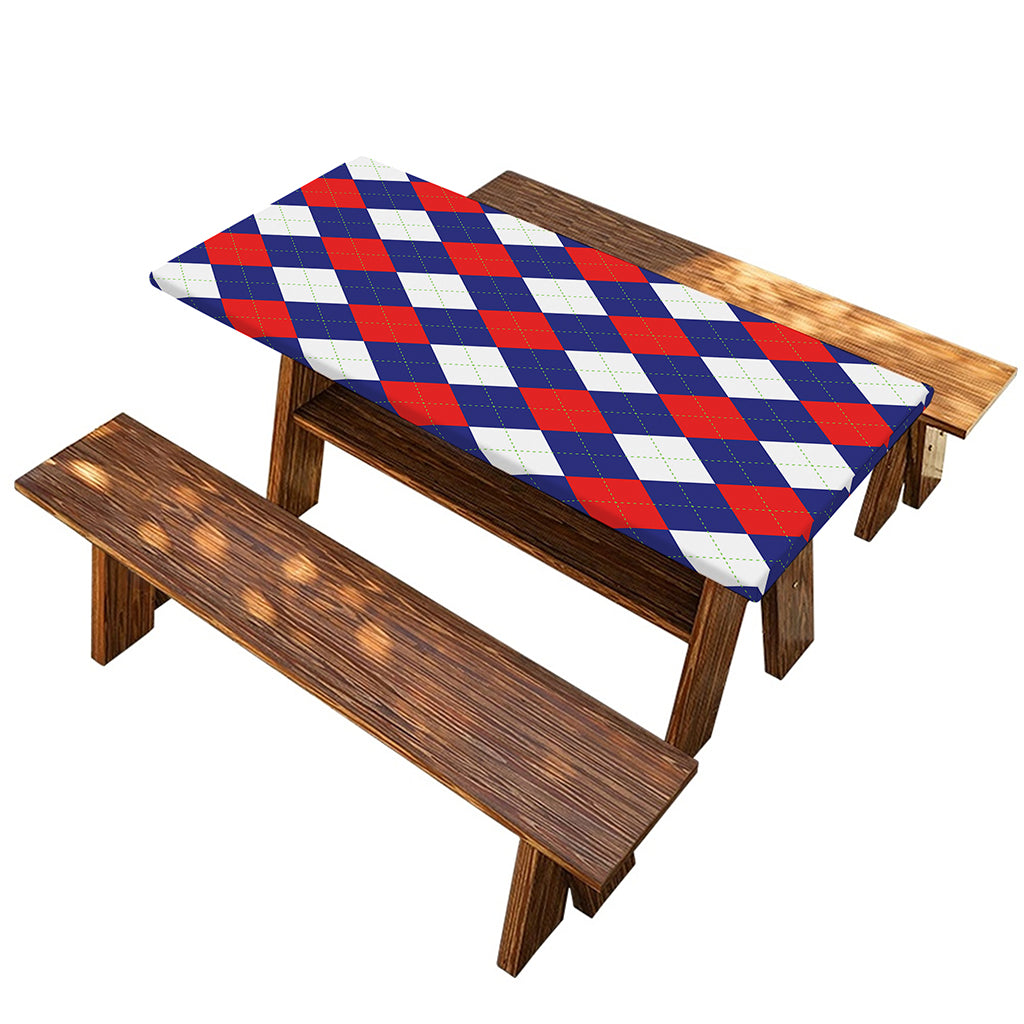 Blue Red And White Argyle Pattern Print Picnic Table Cover