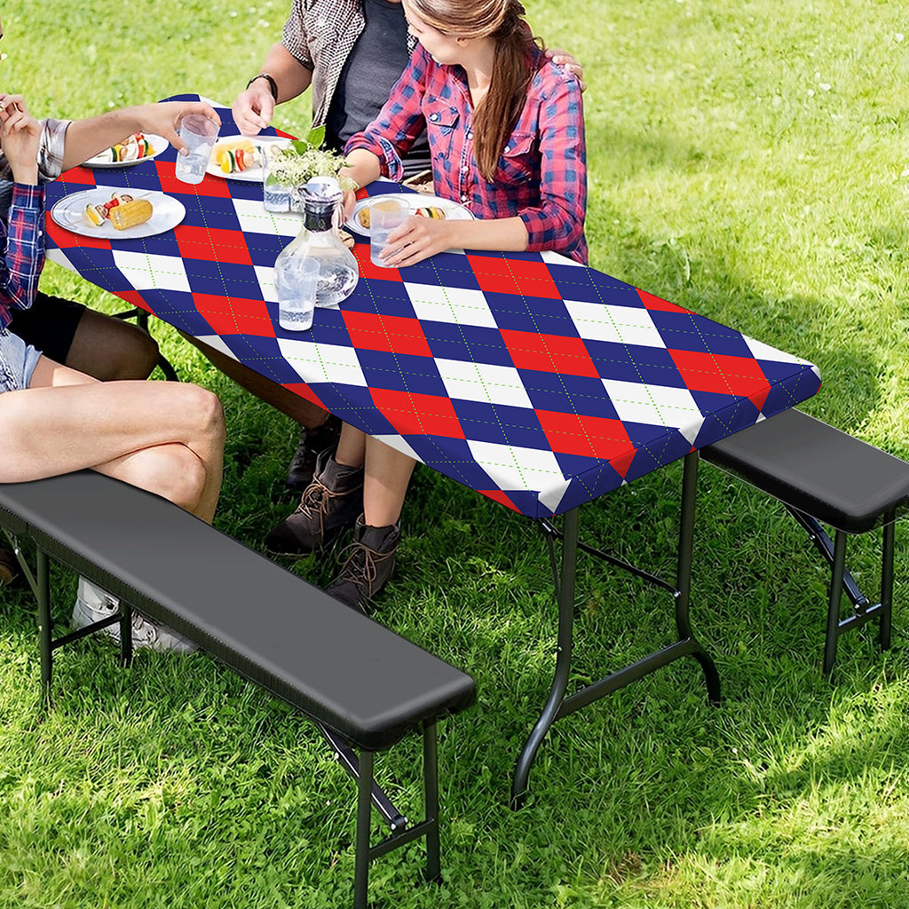 Blue Red And White Argyle Pattern Print Picnic Table Cover