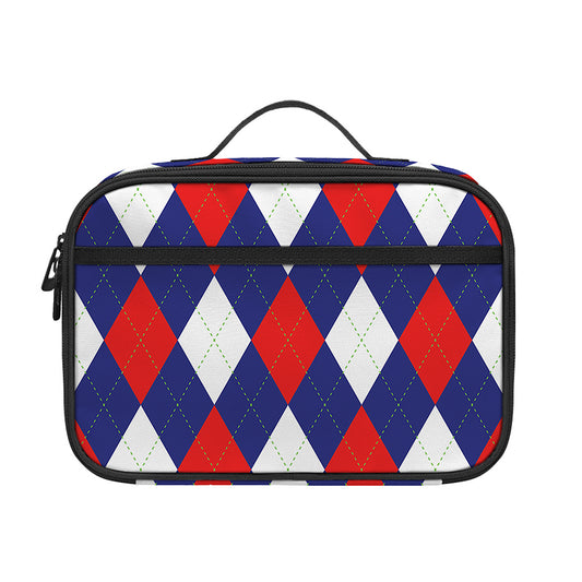 Blue Red And White Argyle Pattern Print Portable Lunch Bag