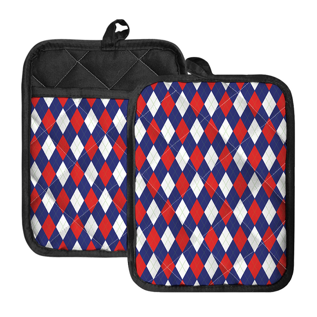 Blue Red And White Argyle Pattern Print Pot Holders With Pocket