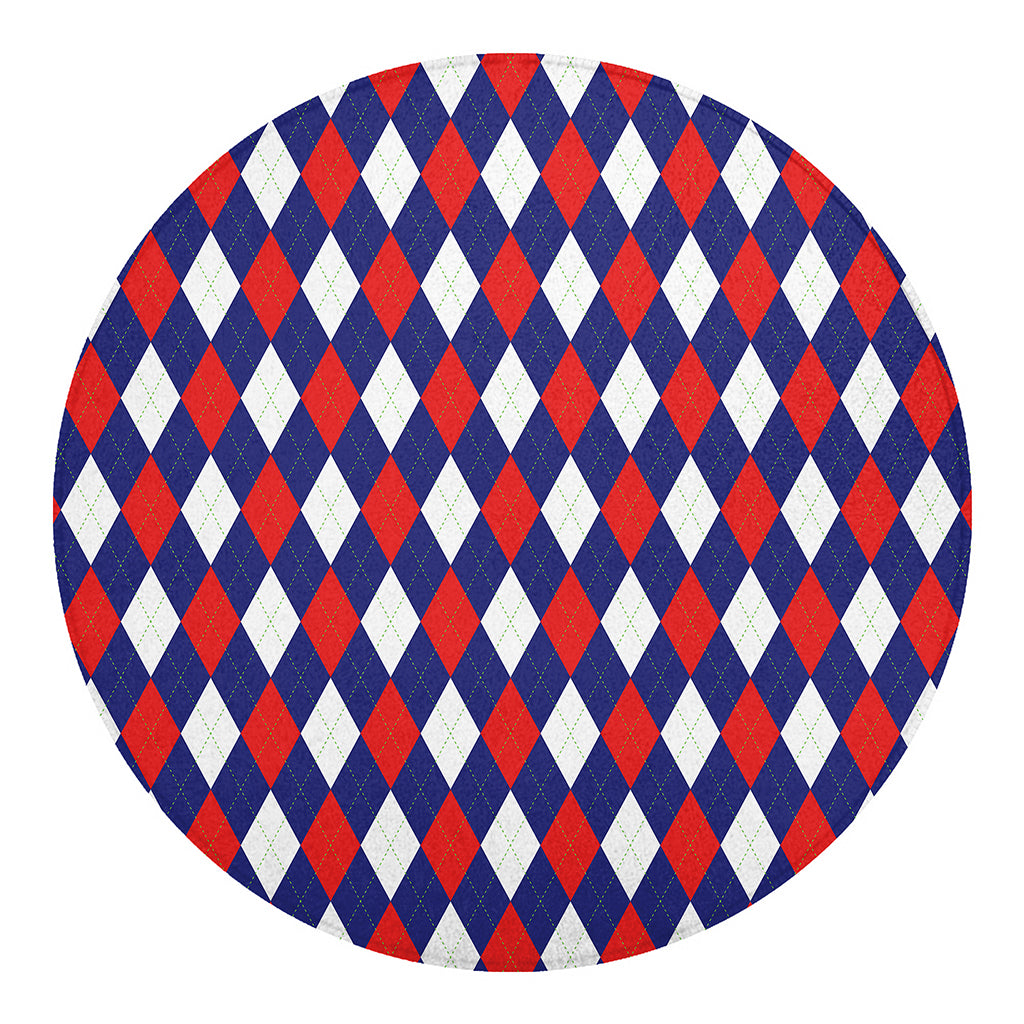 Blue Red And White Argyle Pattern Print Round Blanket