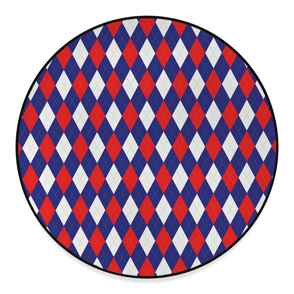 Blue Red And White Argyle Pattern Print Round Floor Mat