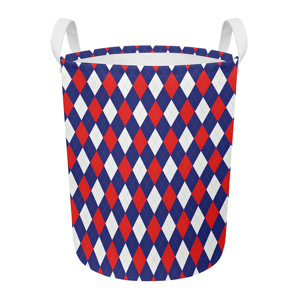 Blue Red And White Argyle Pattern Print Round Laundry Basket