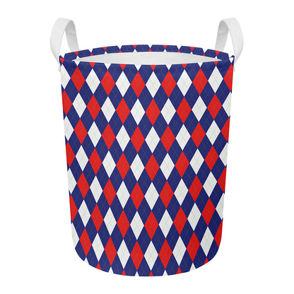 Blue Red And White Argyle Pattern Print Round Laundry Basket