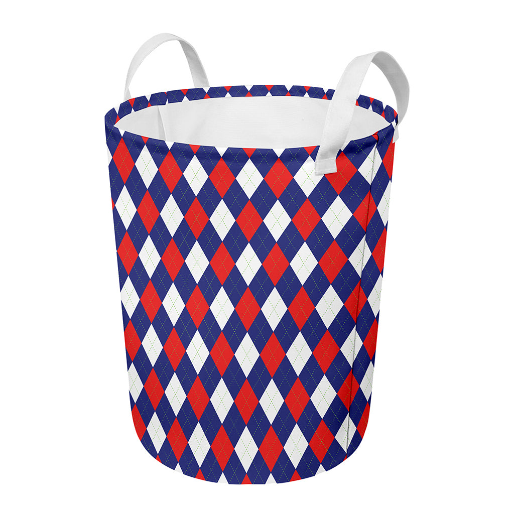 Blue Red And White Argyle Pattern Print Round Laundry Basket