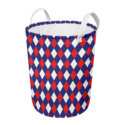 Blue Red And White Argyle Pattern Print Round Laundry Basket