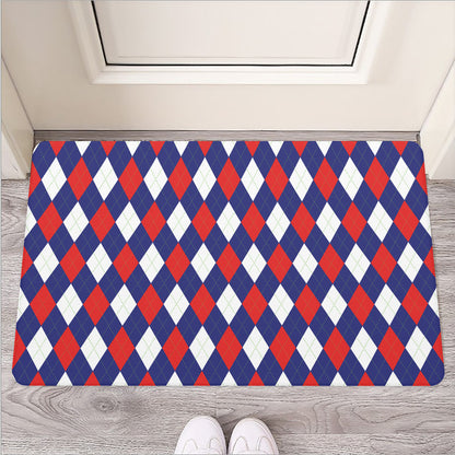 Blue Red And White Argyle Pattern Print Rubber Doormat