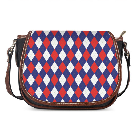 Blue Red And White Argyle Pattern Print Saddle Bag