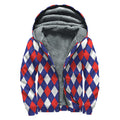 Blue Red And White Argyle Pattern Print Sherpa Lined Zip Up Hoodie