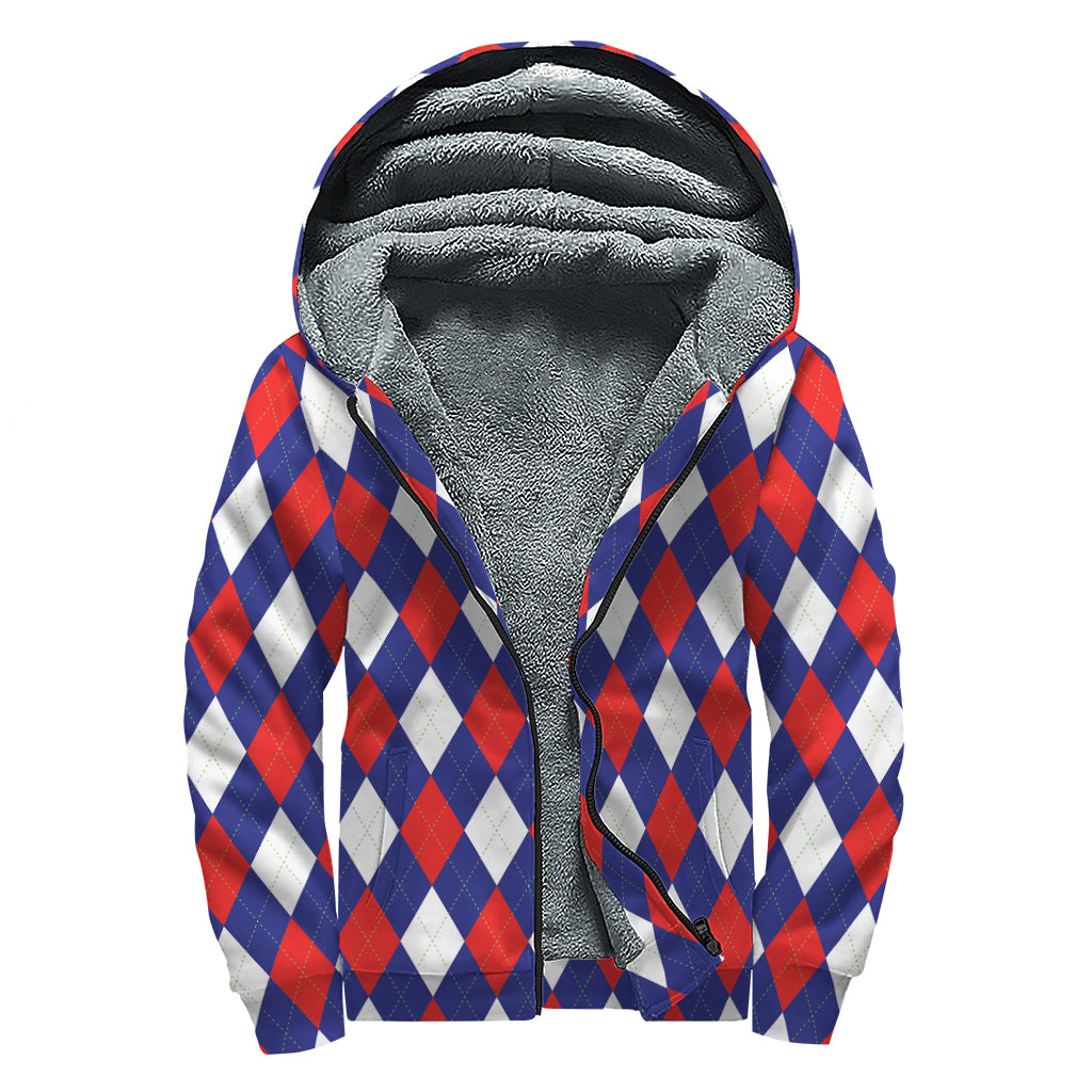 Blue Red And White Argyle Pattern Print Sherpa Lined Zip Up Hoodie