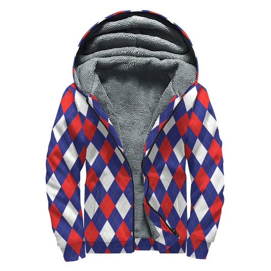 Blue Red And White Argyle Pattern Print Sherpa Lined Zip Up Hoodie
