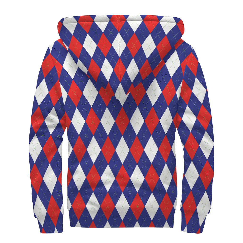Blue Red And White Argyle Pattern Print Sherpa Lined Zip Up Hoodie