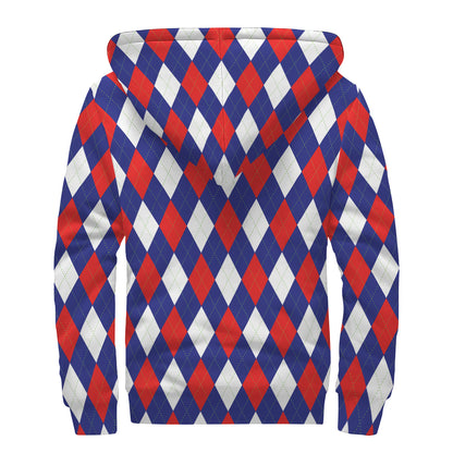 Blue Red And White Argyle Pattern Print Sherpa Lined Zip Up Hoodie