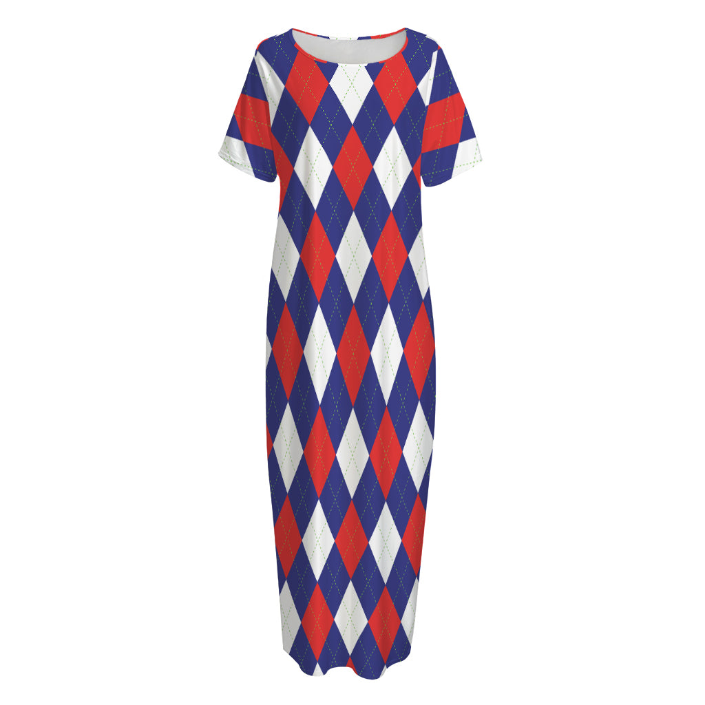 Blue Red And White Argyle Pattern Print Short Sleeve Long Nightdress