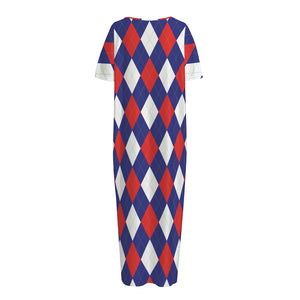 Blue Red And White Argyle Pattern Print Short Sleeve Long Nightdress